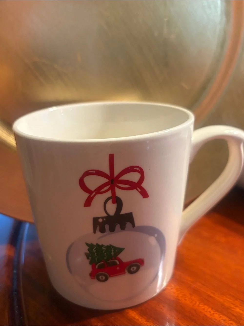 White Holiday Ceramic Mug 14oz with Red Truck and Bow Design